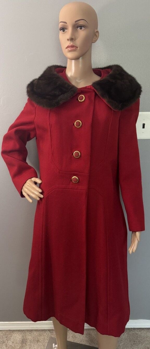 Vintage 1950s Red Wool Coat Mink Fur Collar? Full Length Lined OverCoat USA